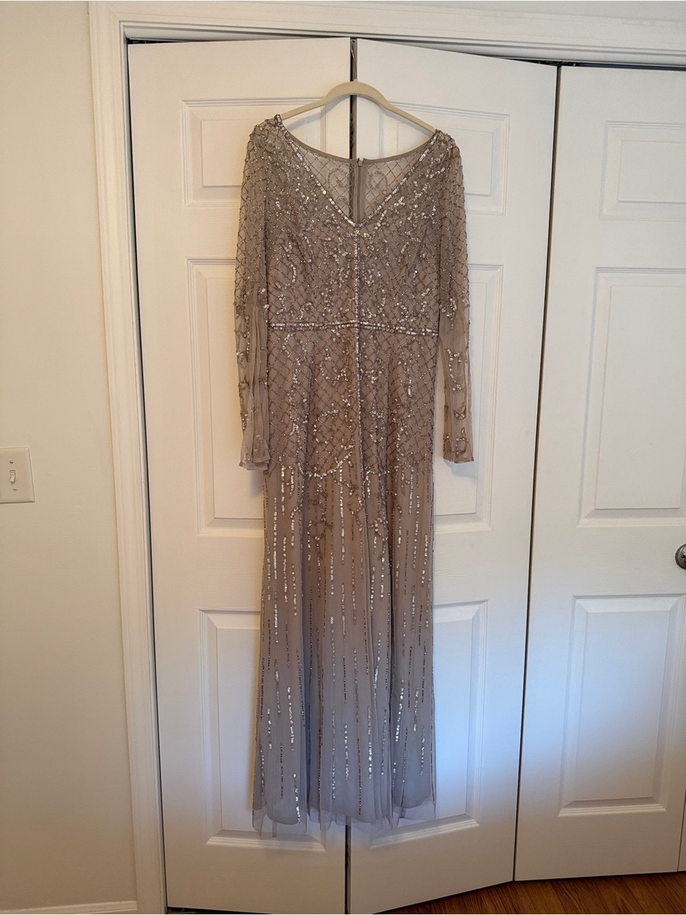 Adrianna Papell Taupe Beaded Long Sleeve Evening Gown